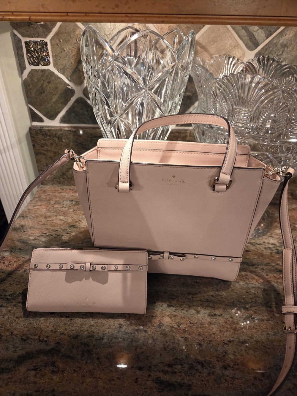 kate spade New York Blush Pink & Rhinestone Leather Satchel with Matching Wallet